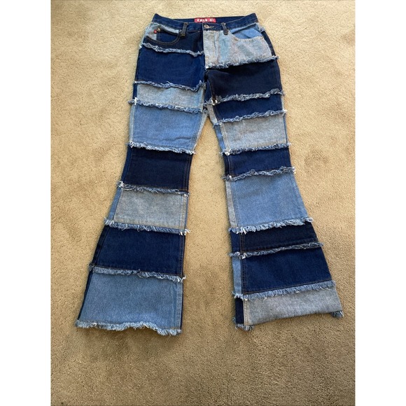 VINTAGE‎ Y2K ZANA*DI PATCHWORK JEANS SIZE 9 FLARE RAW HEM FRAYED EDGE LEG - Picture 16 of 16